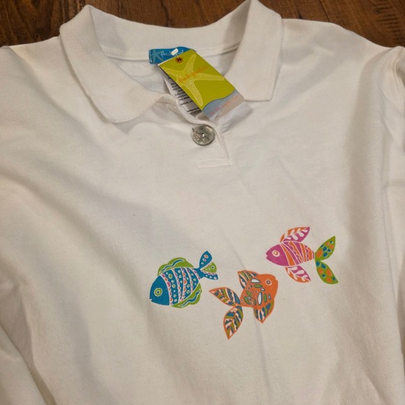 NWT VTG Y2K‎ Fresh Produce White Long Sleeve Polo Shirt Fish Graphic Womens M - Picture 1 of 9